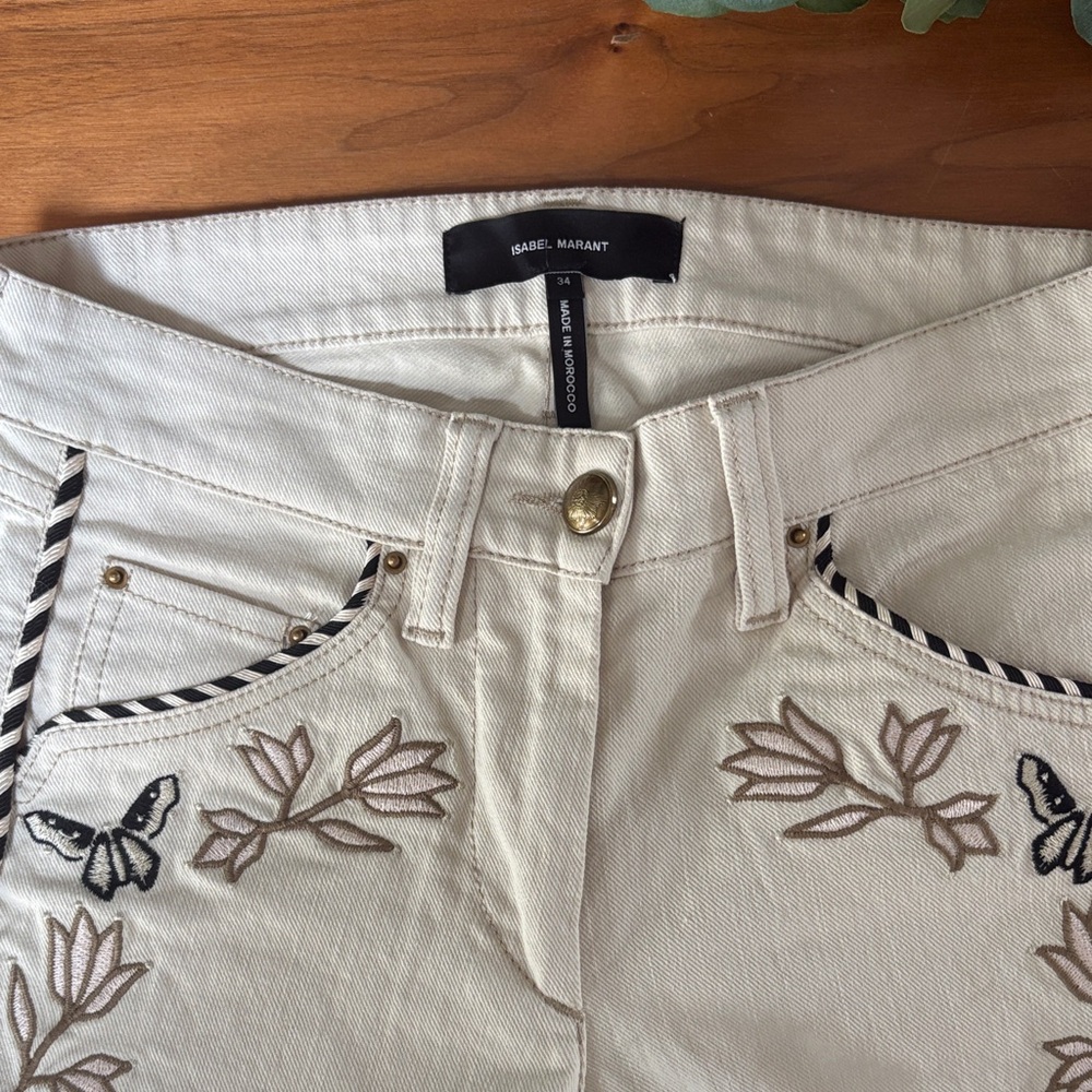 Isabel Marant Cream Embroidered Cropped Jeans